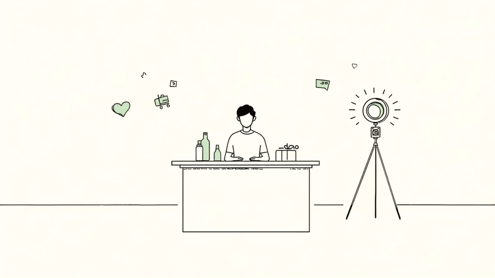 Illustration: livestream selling studio with presenter and ring light